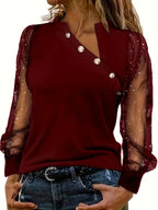 Women’s Asymmetrical Blouse – Mesh Sleeve Statement Blouse – Zoey
