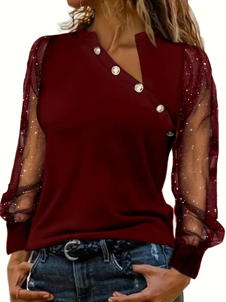 Women’s Asymmetrical Blouse – Mesh Sleeve Statement Blouse – Zoey