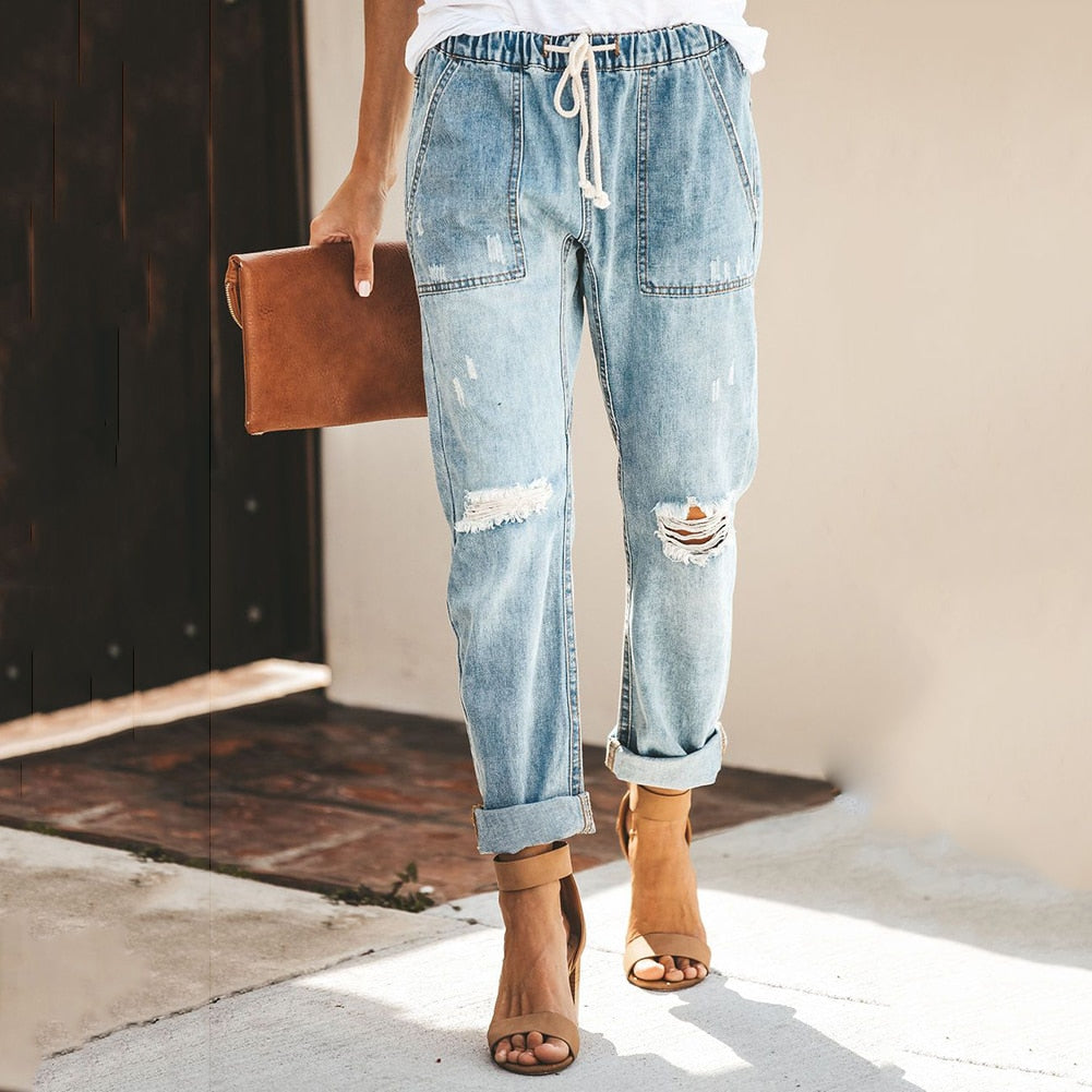 Women’s Distressed Tapered Jeans - Casual Drawstring Denim - Bexley