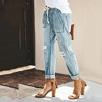 Women’s Distressed Tapered Jeans - Casual Drawstring Denim - Bexley