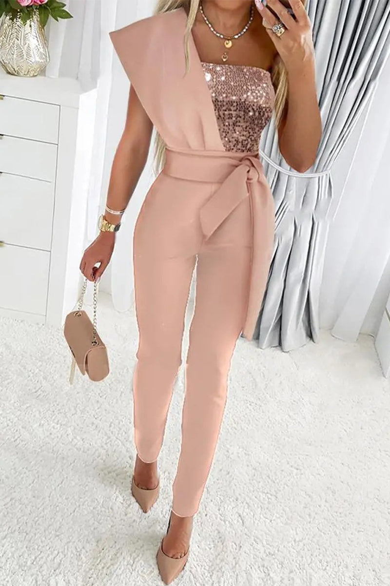 Women’s One Shoulder Jumpsuit – Glitter Elegant Party Jumpsuit – Charlotte