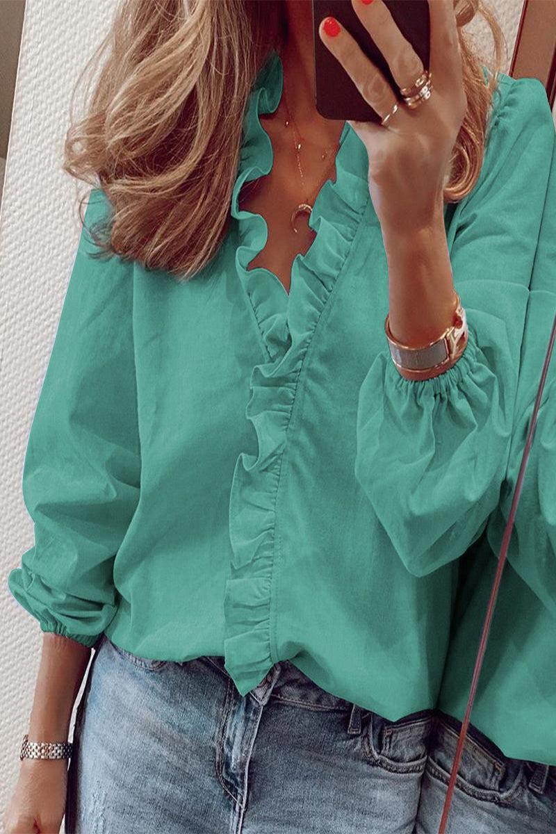 Women’s V-Neck Blouse – Ruffle Detail Elegant Blouse – Chloe
