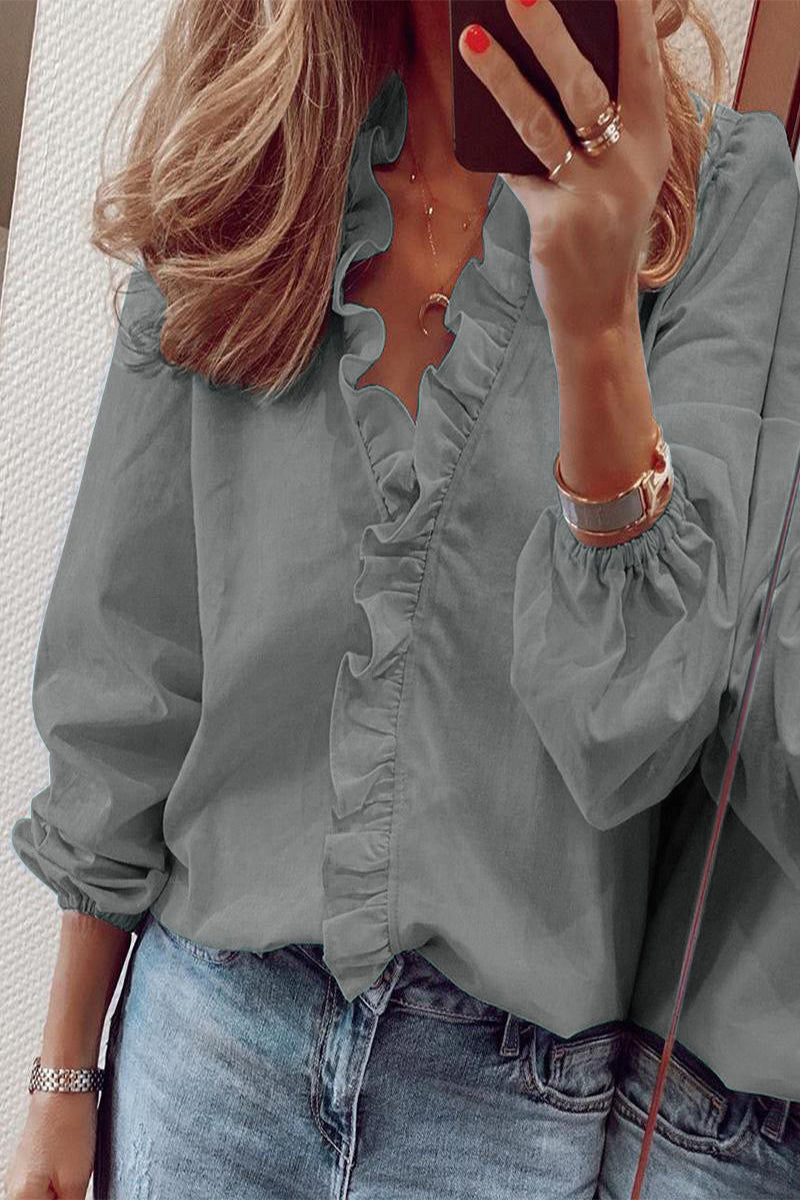Women’s V-Neck Blouse – Ruffle Detail Elegant Blouse – Chloe