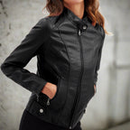 Women’s Faux Leather Jacket - Zip Pocket Biker Jacket - Diana