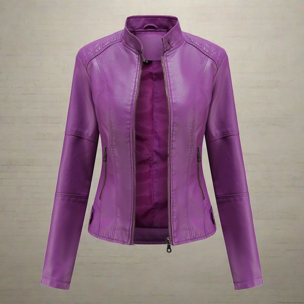 Women’s Faux Leather Jacket - Zip Pocket Biker Jacket - Diana