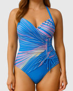 Women’s One Piece Swimsuit – Striped Wrap Front Swimwear – Nora