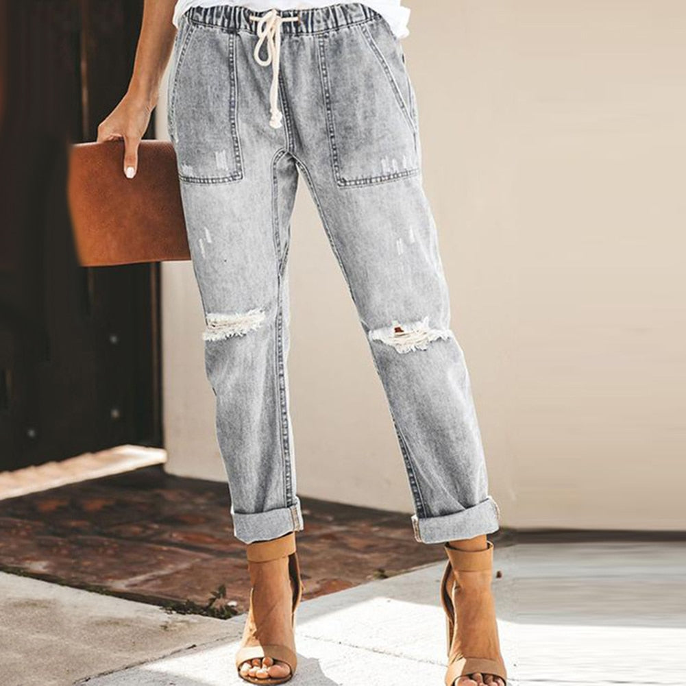 Women’s Distressed Tapered Jeans - Casual Drawstring Denim - Bexley