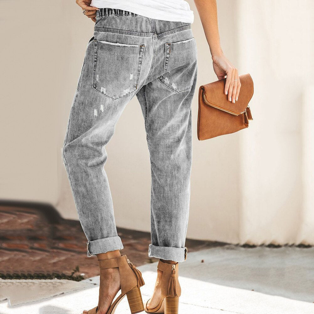 Women’s Distressed Tapered Jeans - Casual Drawstring Denim - Bexley