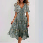 Women’s Midi Dress – Floral V-Neck Chiffon Summer Dress – Emily