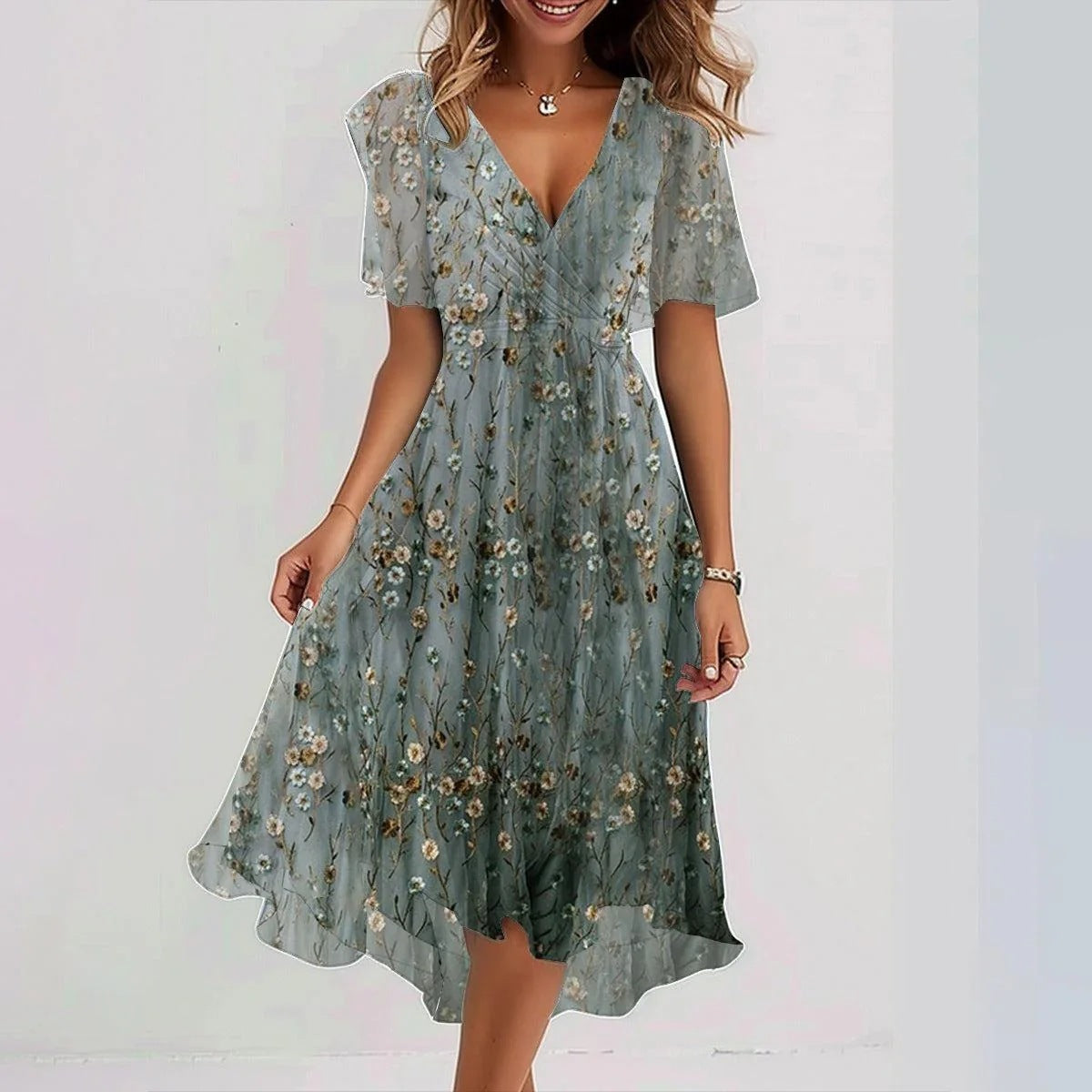 Women’s Midi Dress - Floral V-Neck Chiffon Dress - Emily