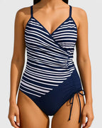 Women’s One Piece Swimsuit – Striped Wrap Front Swimwear – Nora