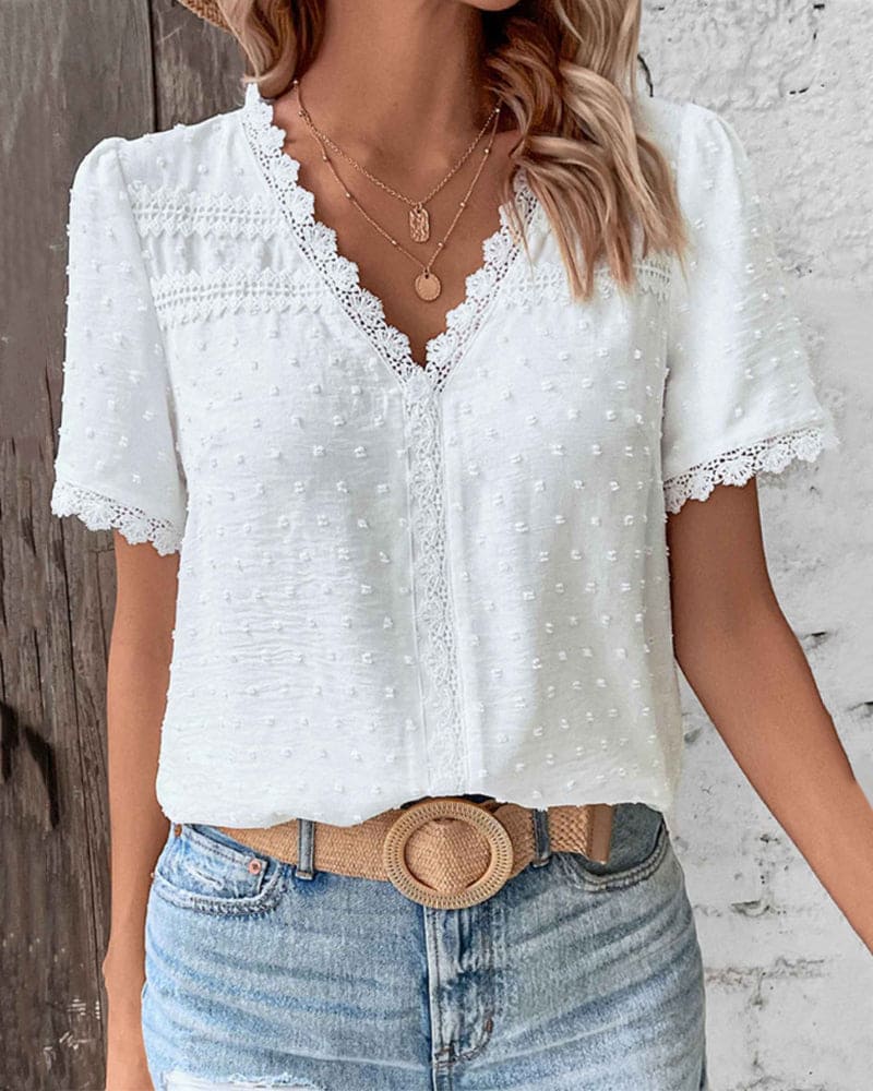 Women’s V-Neck Blouse – Short Sleeve Summer Blouse – Romy