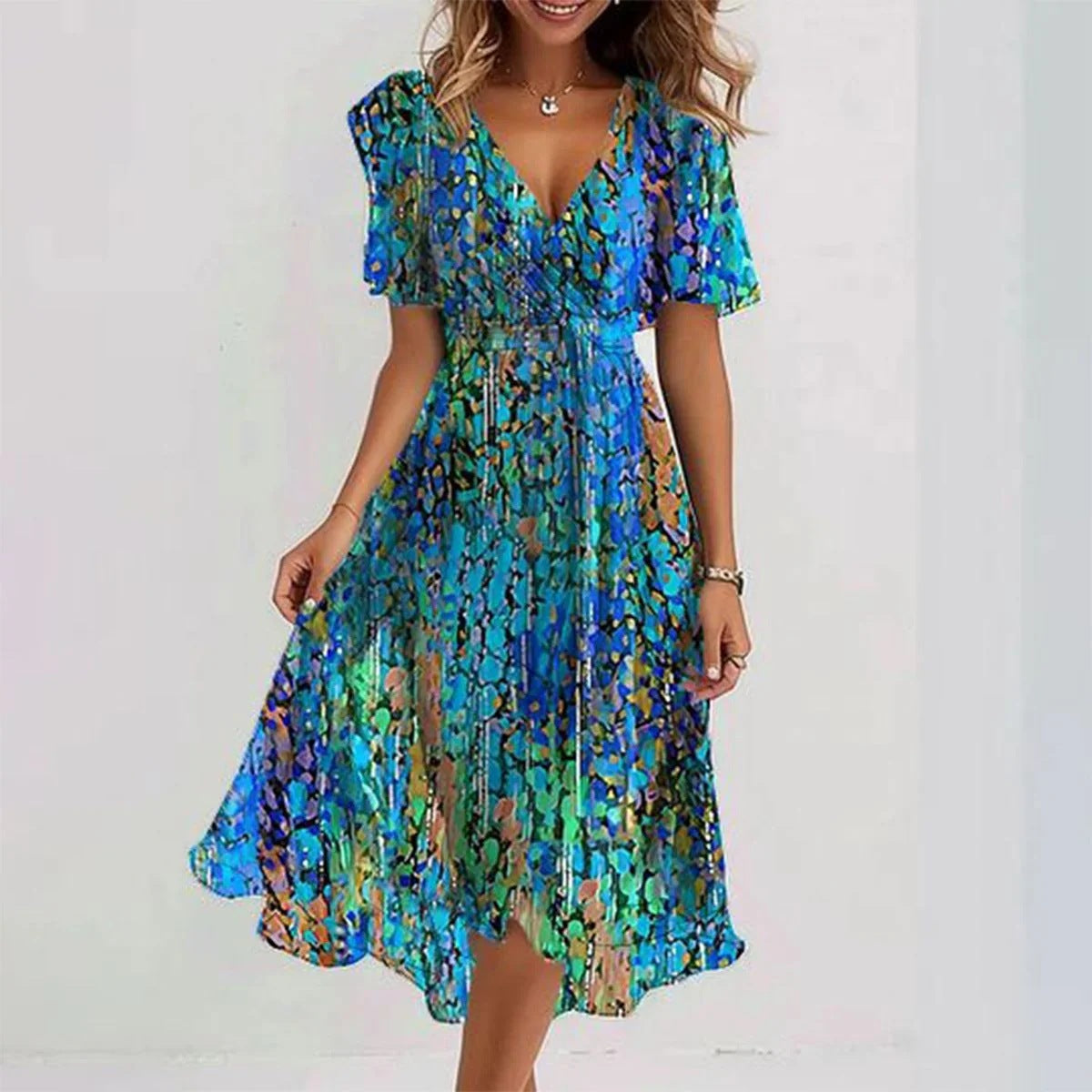 Women’s Midi Dress - Floral V-Neck Chiffon Dress - Emily