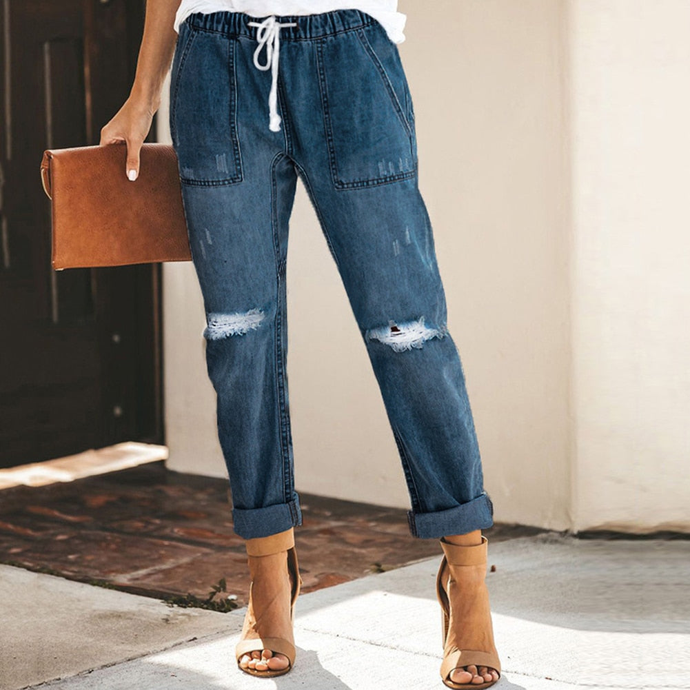 Women’s Distressed Tapered Jeans - Casual Drawstring Denim - Bexley