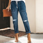 Women’s Distressed Tapered Jeans - Casual Drawstring Denim - Bexley