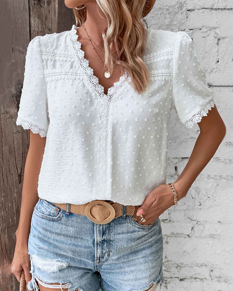 Women’s V-Neck Blouse – Short Sleeve Summer Blouse – Romy