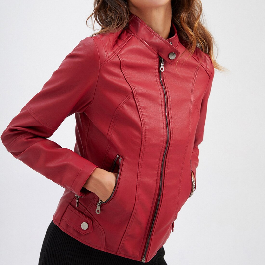 Women’s Faux Leather Jacket - Zip Pocket Biker Jacket - Diana