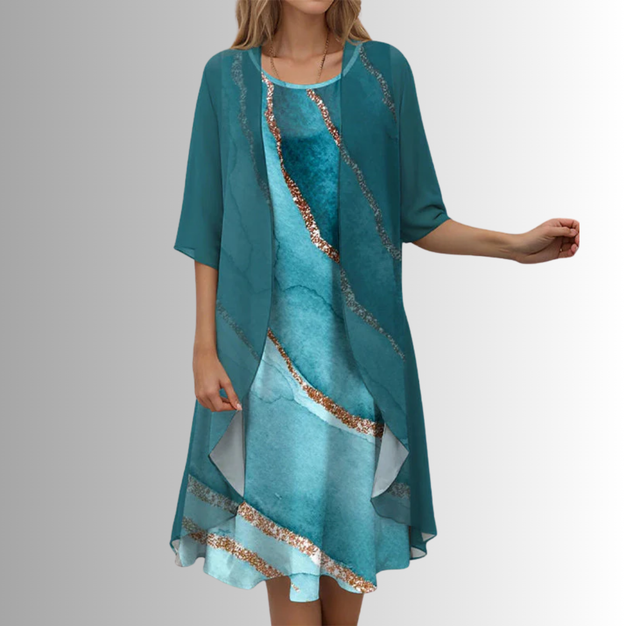 Women’s Two-Piece Dress Set - Lightweight Blouse and Matching Dress - Judith