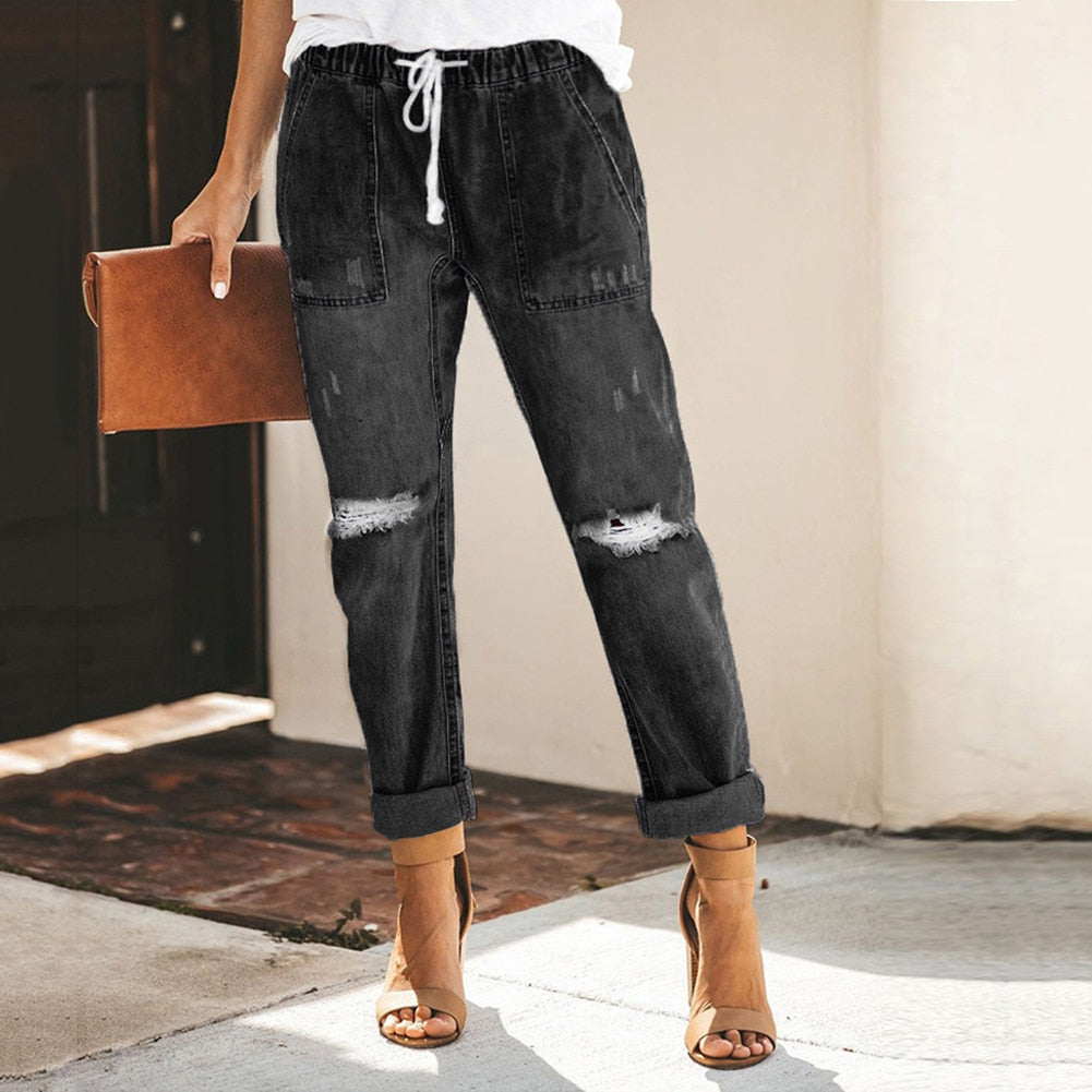 Women’s Distressed Tapered Jeans - Casual Drawstring Denim - Bexley