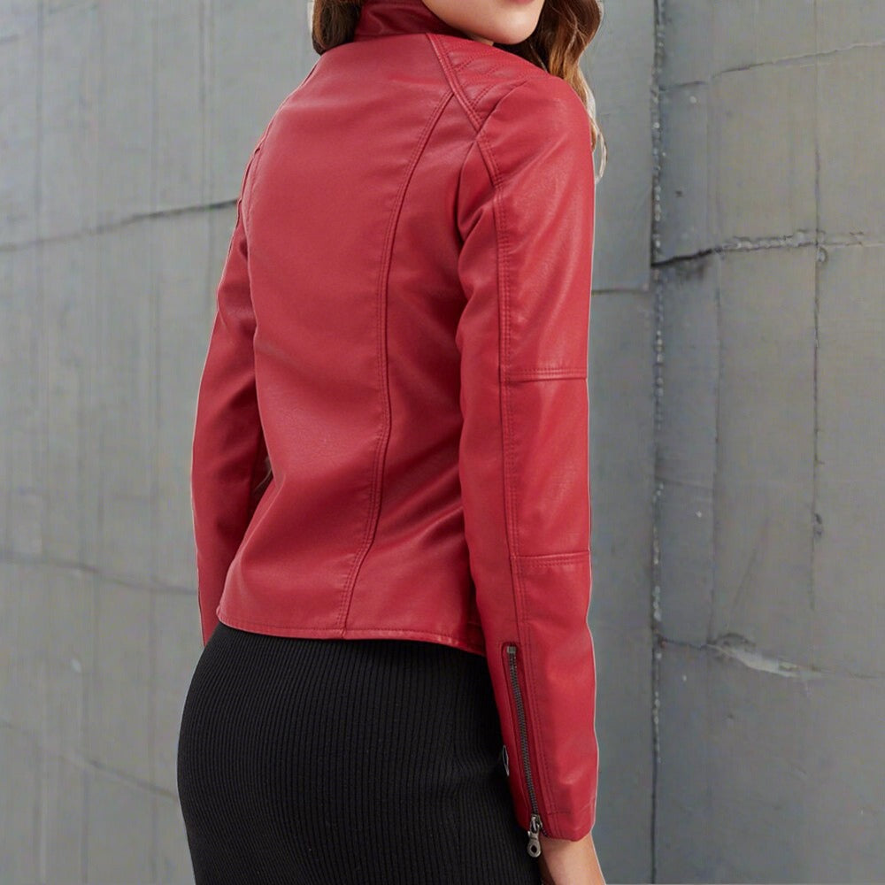 Women’s Faux Leather Jacket - Zip Pocket Biker Jacket - Diana