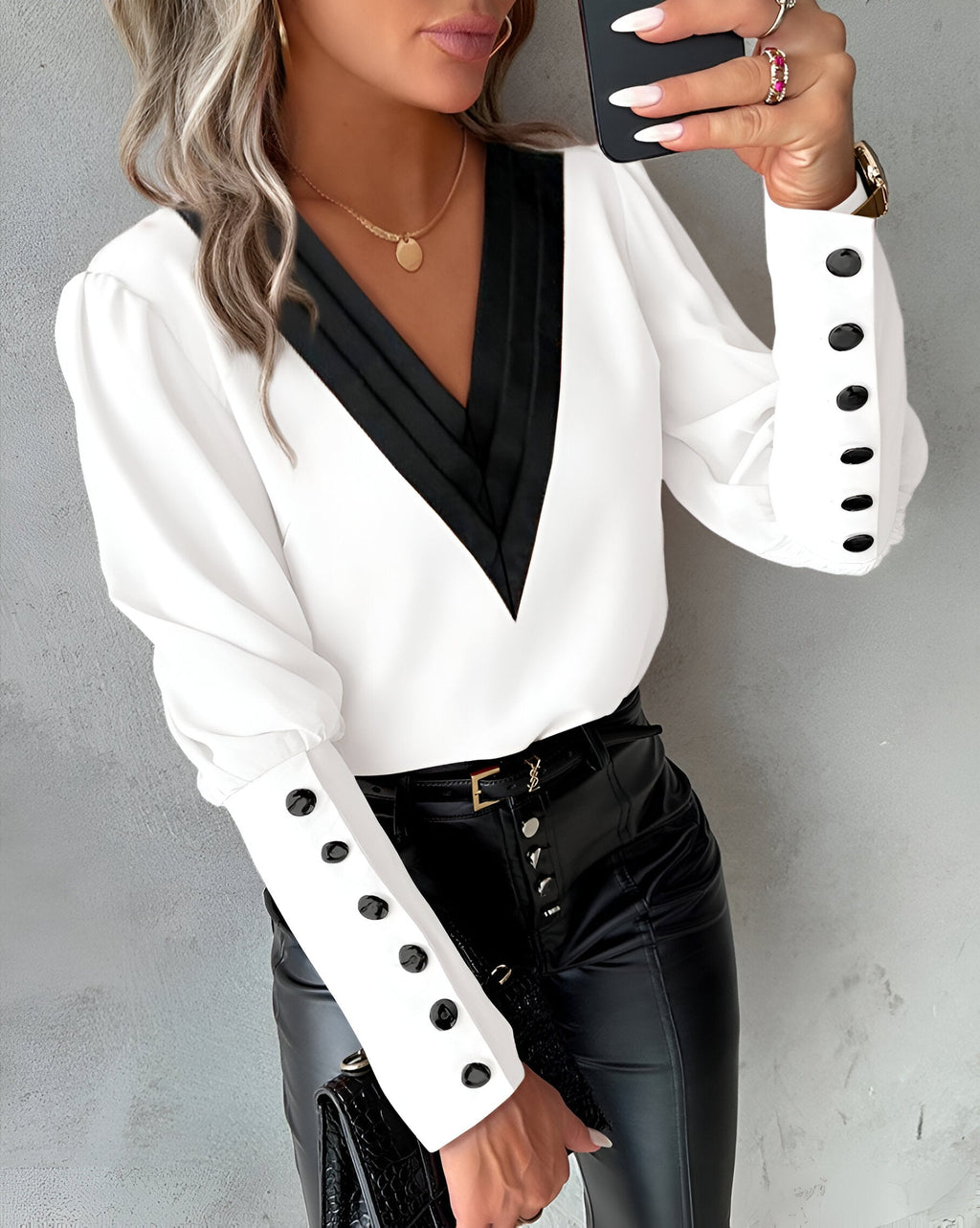 Women’s V-Neck Blouse – Color Block Casual Blouse – Caris