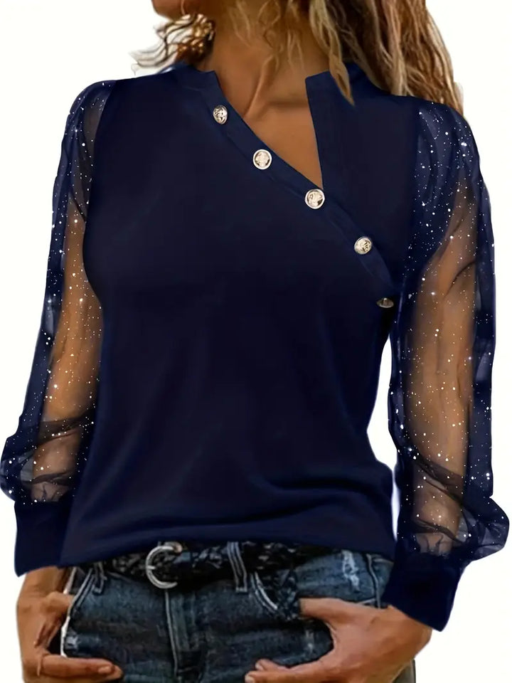 Women’s Asymmetrical Blouse – Mesh Sleeve Statement Blouse – Zoey