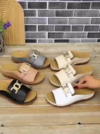 Women’s Gold Buckle Slide Sandals - Chic Everyday Comfort - Kaia