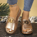 Women’s Gold Buckle Slide Sandals - Chic Everyday Comfort - Kaia