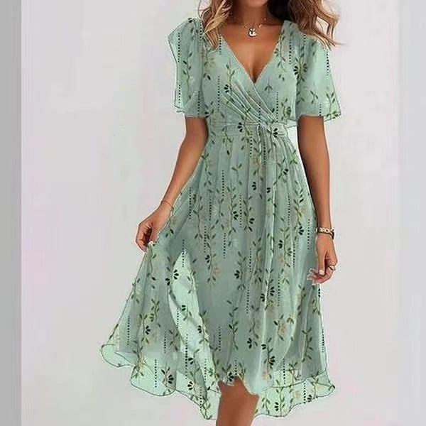 Women’s Midi Dress - Floral V-Neck Chiffon Dress - Emily