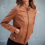 Women’s Faux Leather Jacket - Zip Pocket Biker Jacket - Diana