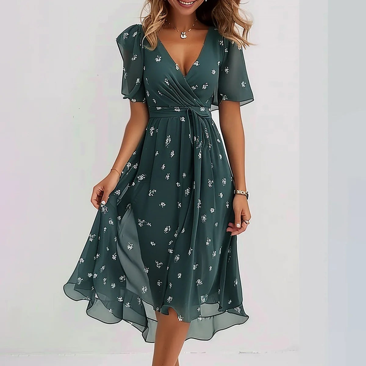 Women’s Midi Dress - Floral V-Neck Chiffon Dress - Emily