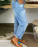 Women’s Ripped Tapered Jeans - Distressed Casual Denim - Celeste