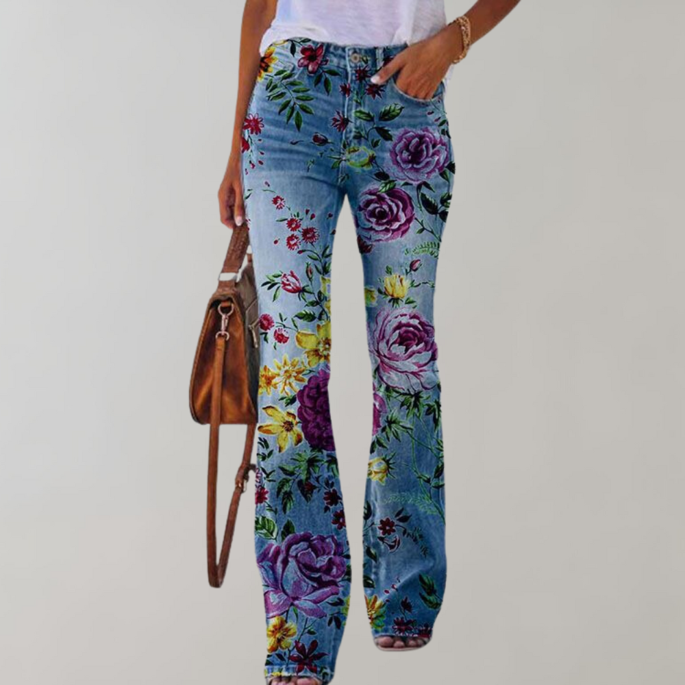 Women’s Floral Straight Jeans - Printed Casual Denim - Catrina