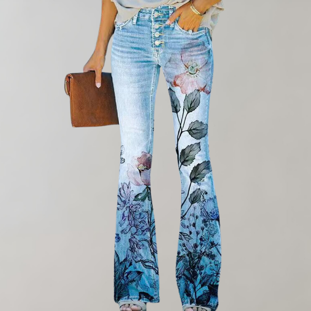 Women’s Floral Straight Jeans - Printed Casual Denim - Catrina
