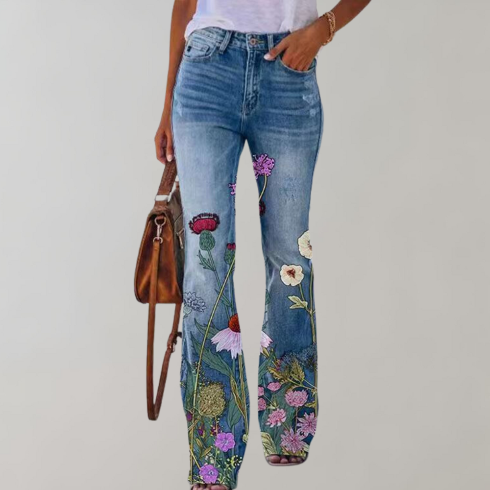 Women’s Floral Straight Jeans - Printed Casual Denim - Catrina
