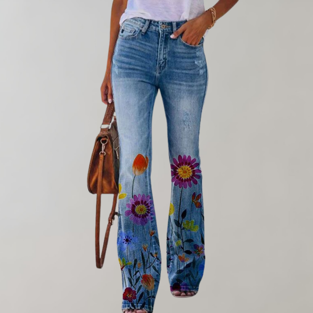 Women’s Floral Straight Jeans - Printed Casual Denim - Catrina