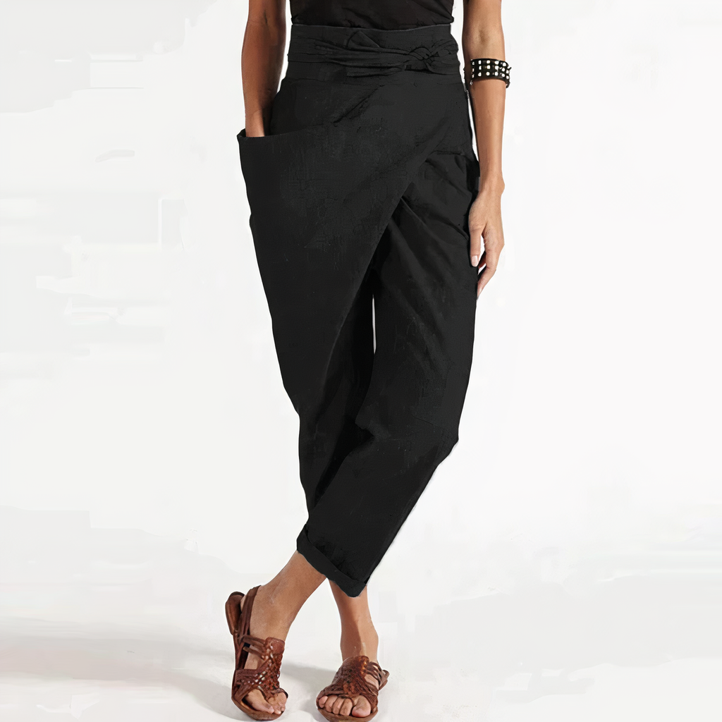 Women’s Asymmetrical Belted Pants - High Waist Straight Leg Trousers - Tildana