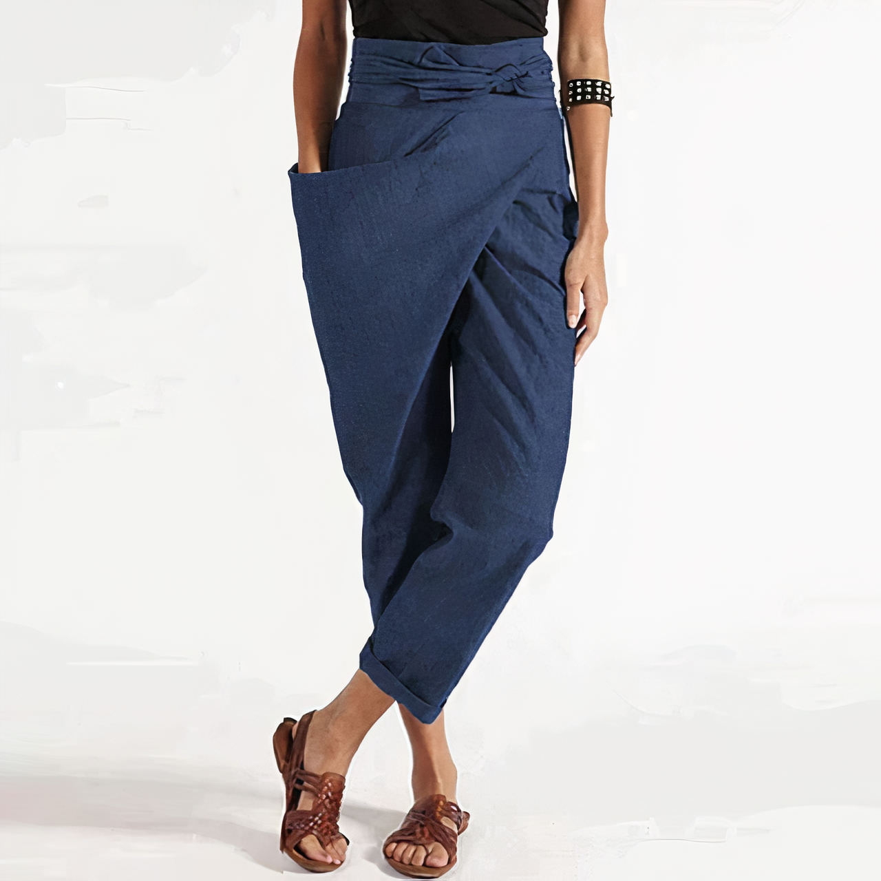 Women’s Asymmetrical Belted Pants - High Waist Straight Leg Trousers - Tildana
