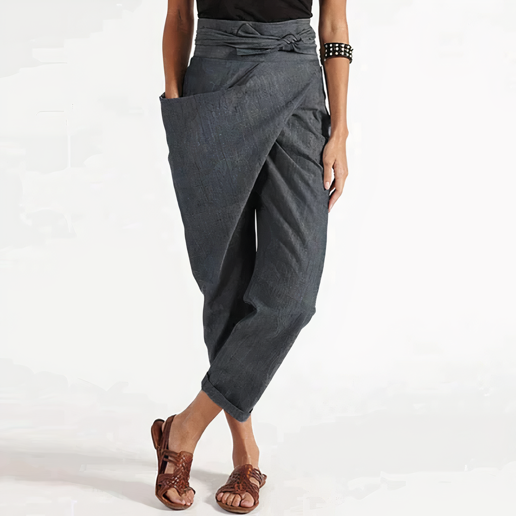 Women’s Asymmetrical Belted Pants - High Waist Straight Leg Trousers - Tildana