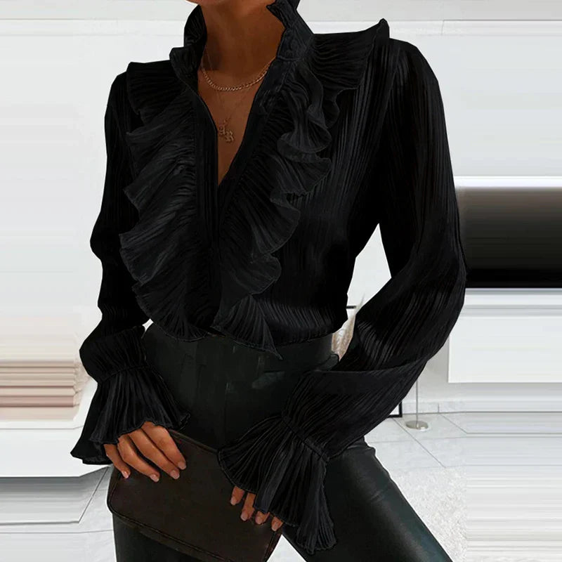 Women’s Ruffle Blouse – Long Sleeve Elegant Statement Blouse – Penelope