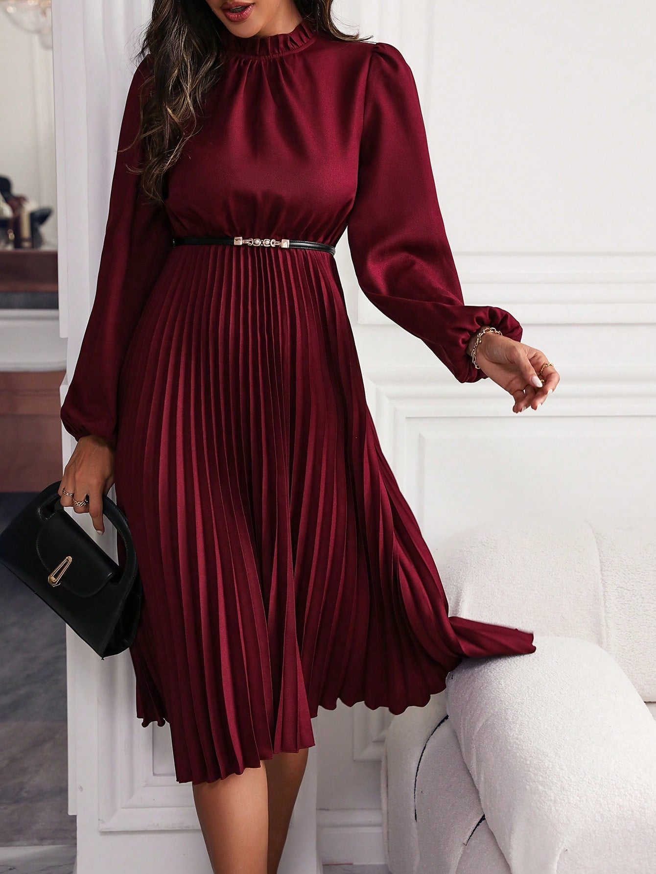 Women’s Maxi Dress – Lantern Sleeve Pleated Hem Elegant Dress