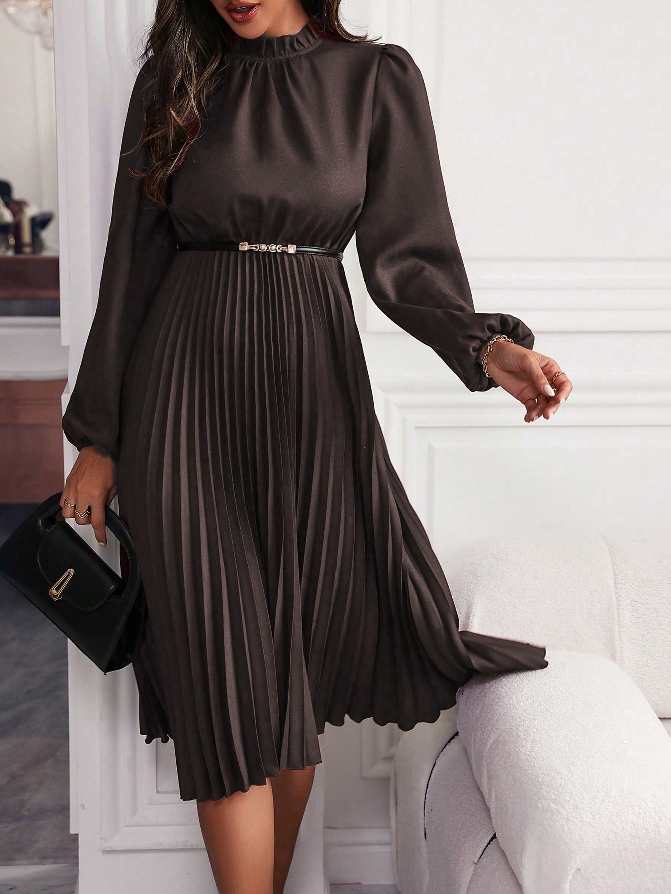 Women’s Maxi Dress – Lantern Sleeve Pleated Hem Elegant Dress