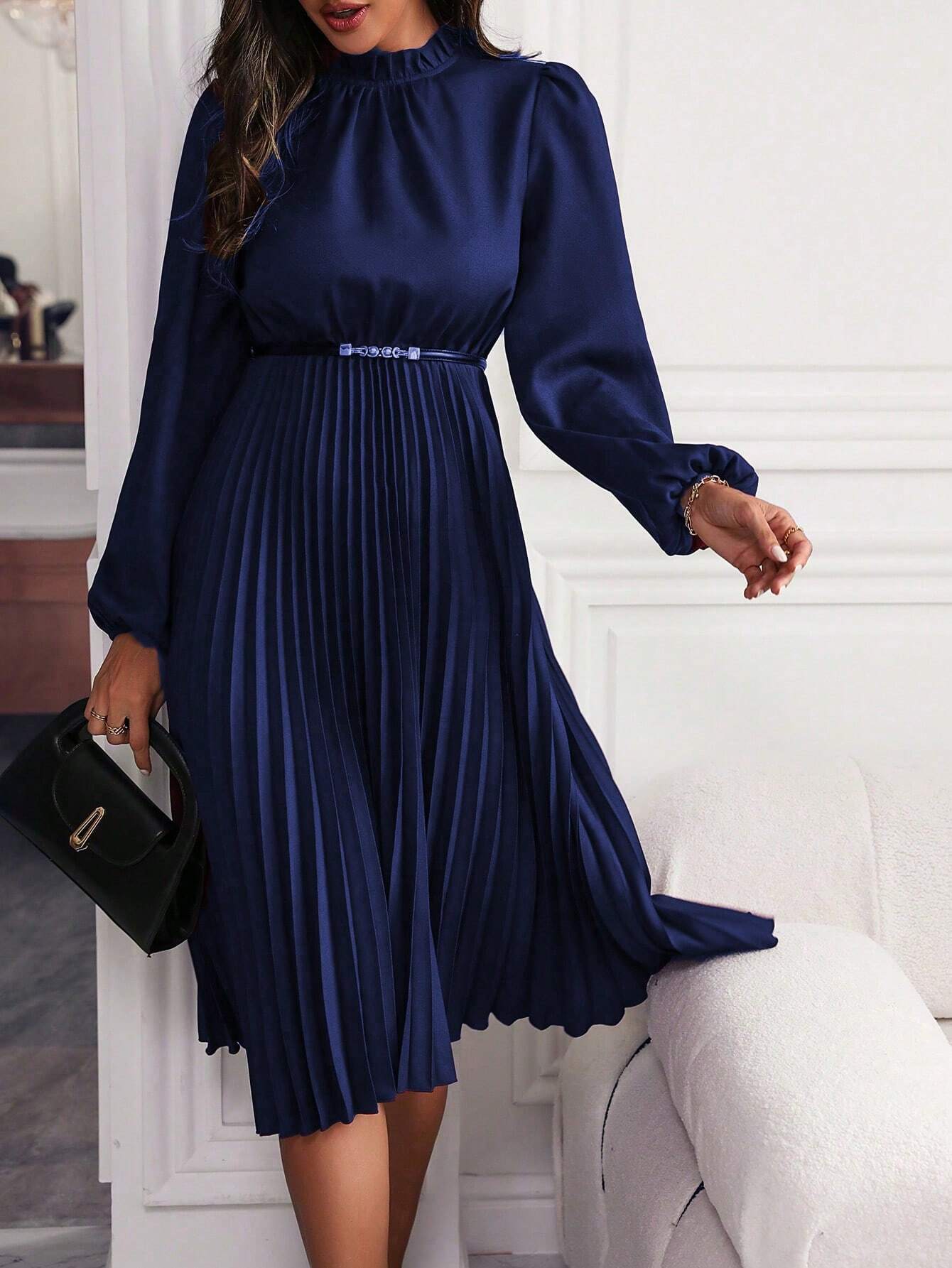 Women’s Maxi Dress – Lantern Sleeve Pleated Hem Elegant Dress