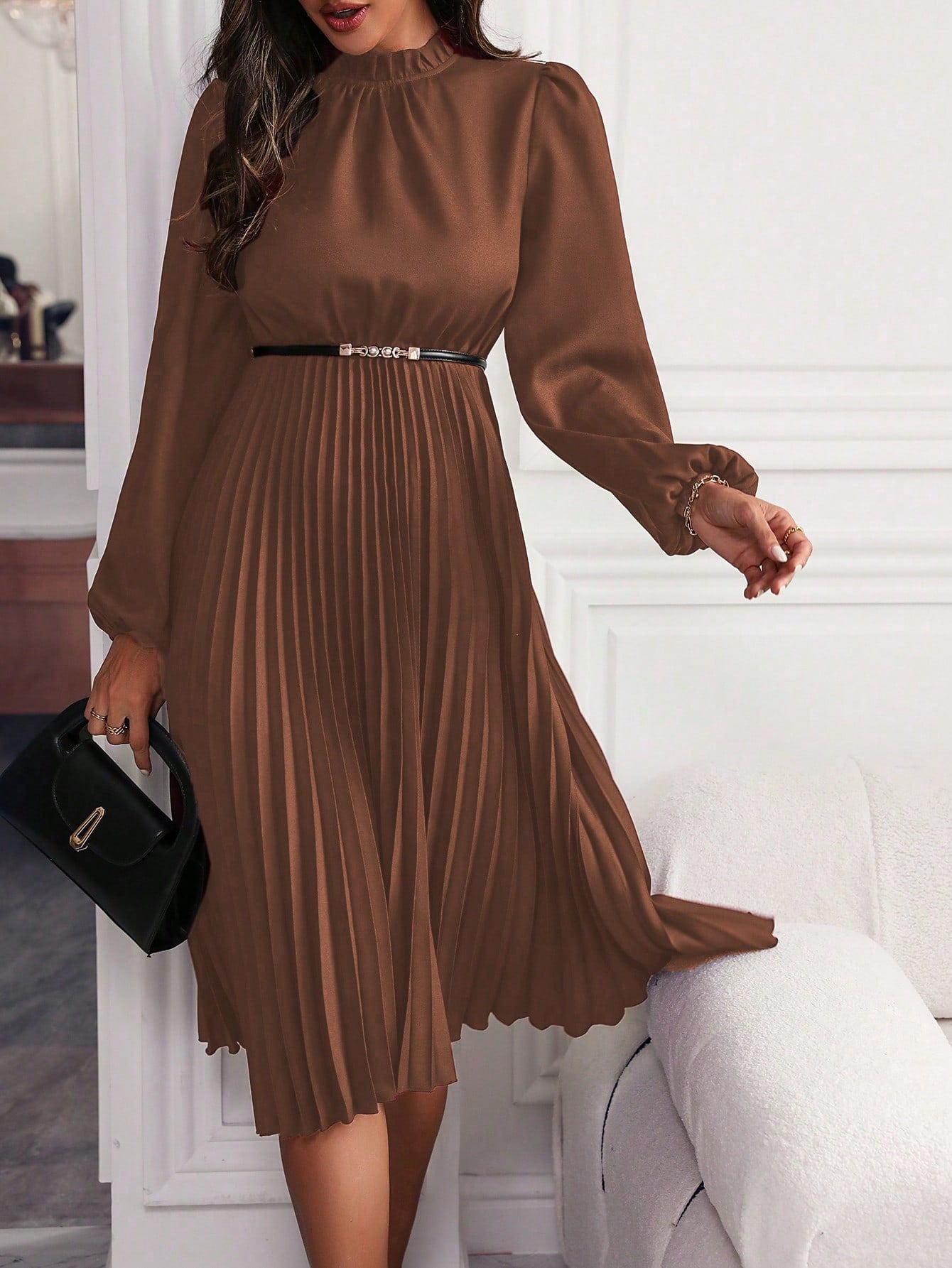 Women’s Maxi Dress – Lantern Sleeve Pleated Hem Elegant Dress