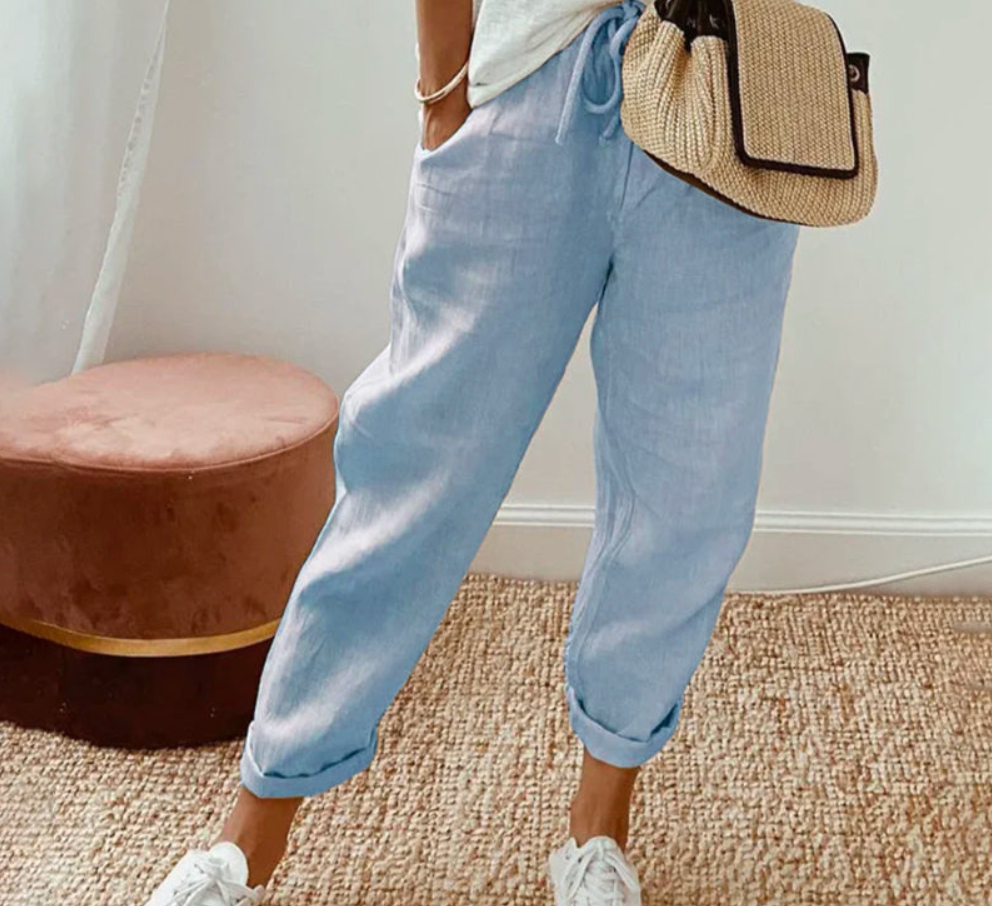 Women’s Drawstring Casual Pants - Cropped Straight Leg Trousers - CozyFlex