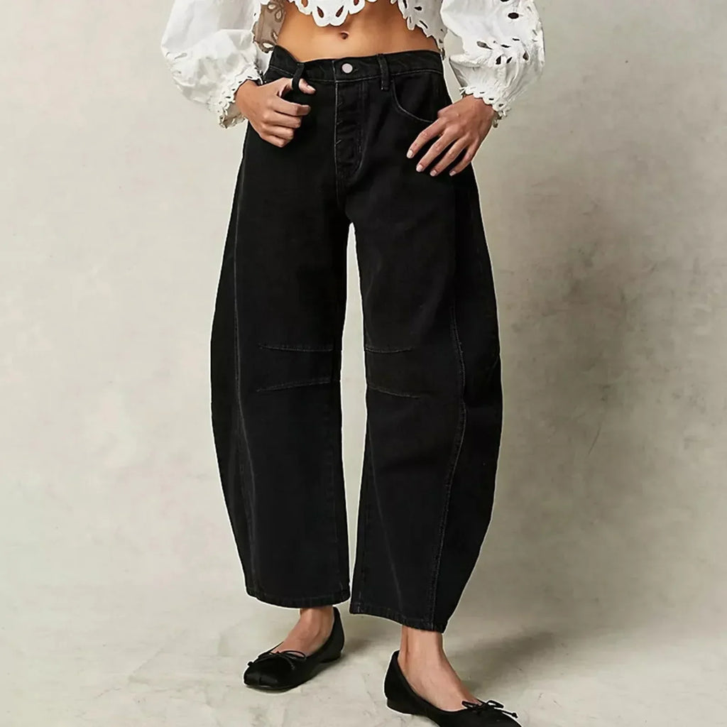 Women’s Mid Rise Baggy Jeans - Wide Leg Relaxed Denim - Hannel