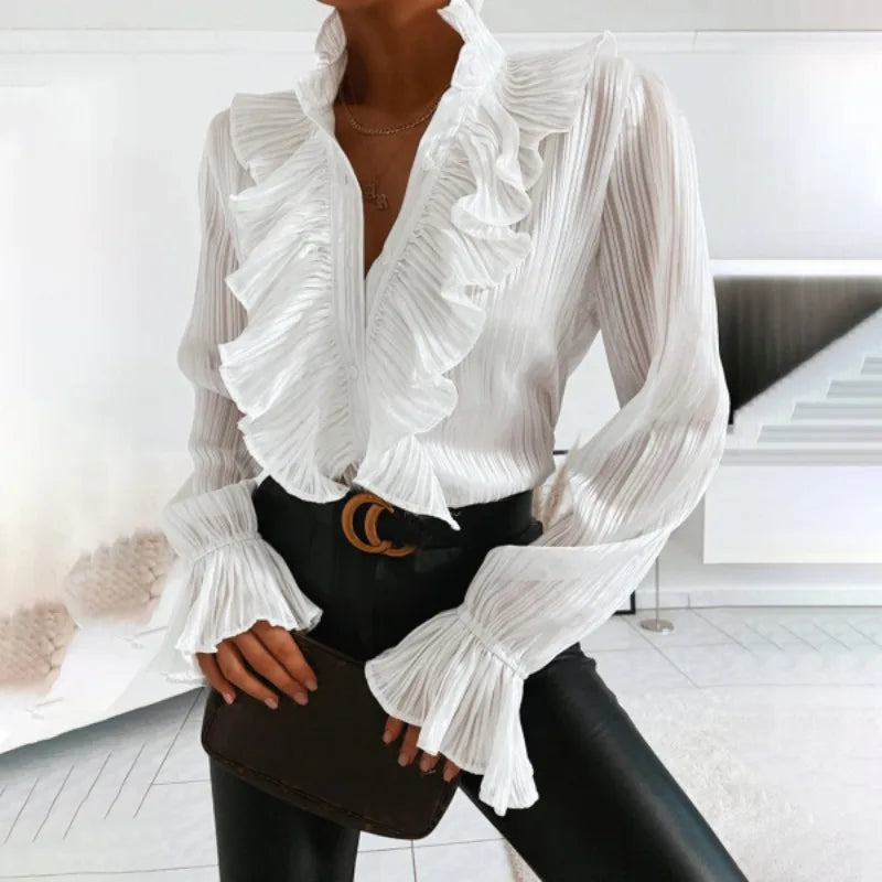 Women’s Ruffle Blouse – Long Sleeve Elegant Statement Blouse – Penelope