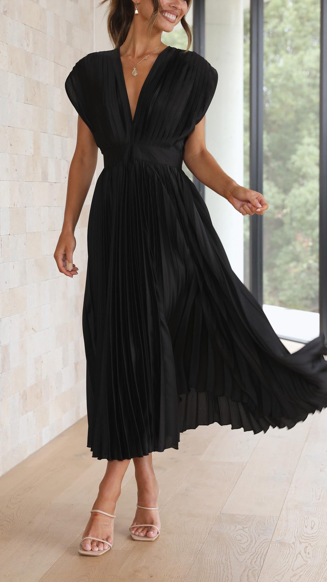 Women’s Pleated Maxi Dress - V-Neck High Waist Dress - Maria