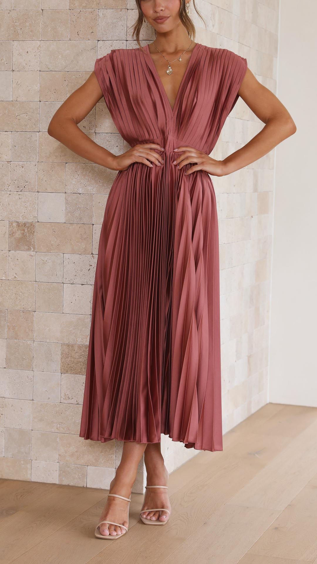 Women’s Pleated Maxi Dress - V-Neck High Waist Dress - Maria