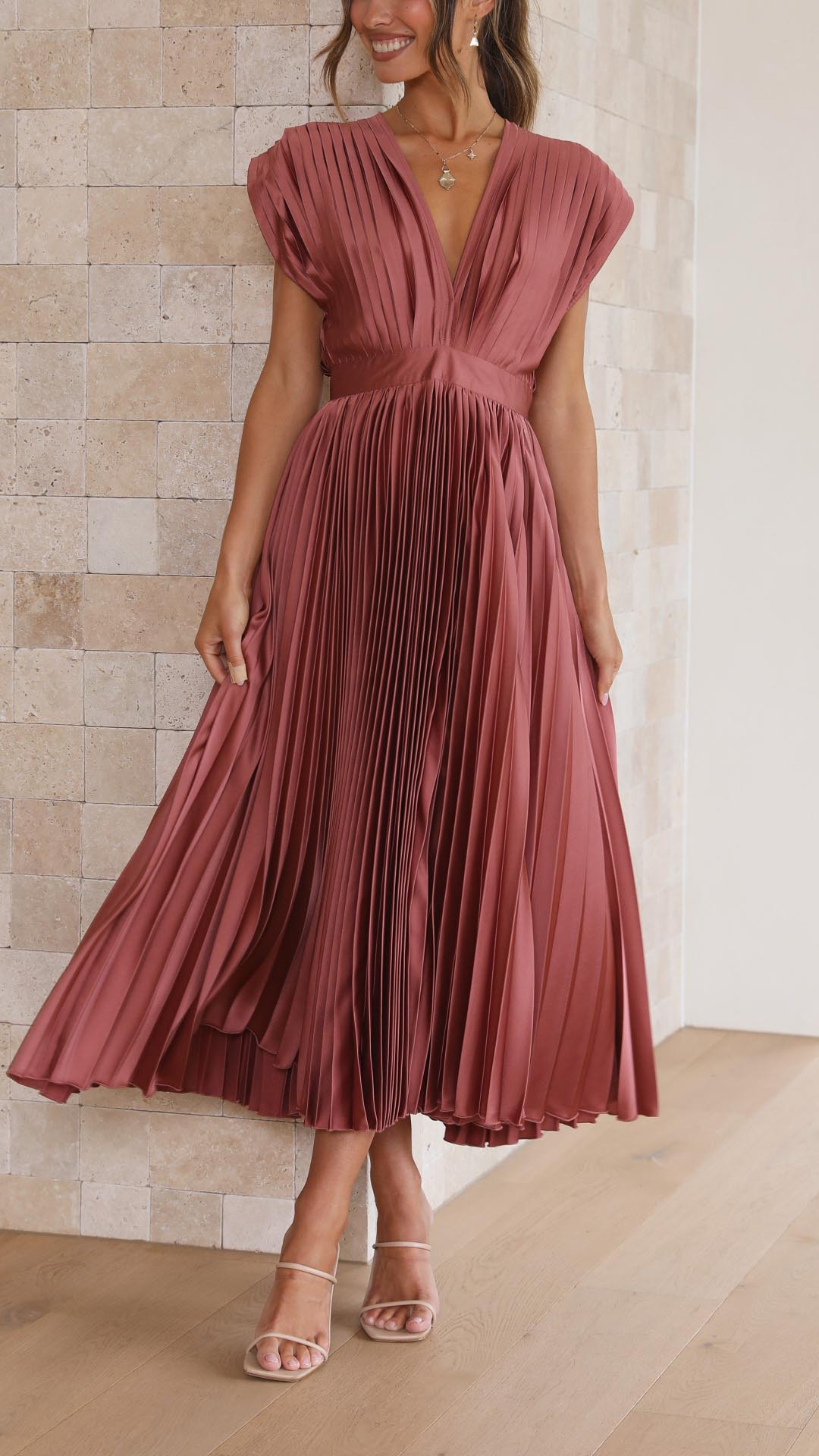 Women’s Pleated Maxi Dress - V-Neck High Waist Dress - Maria